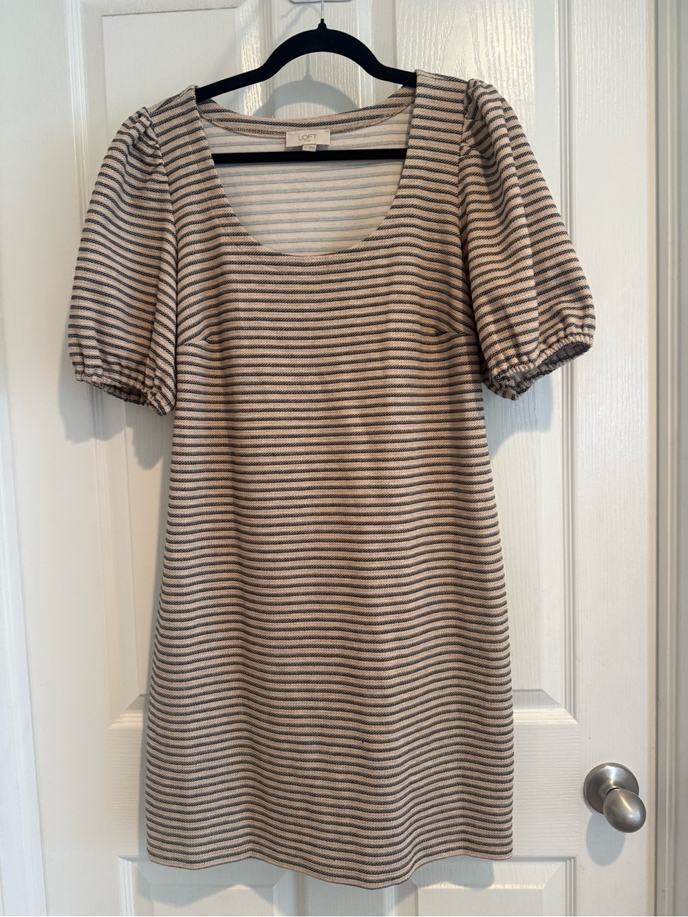 LOFT Cream and Black Striped Scoop-Neck Puff Sleeve Mini Dress